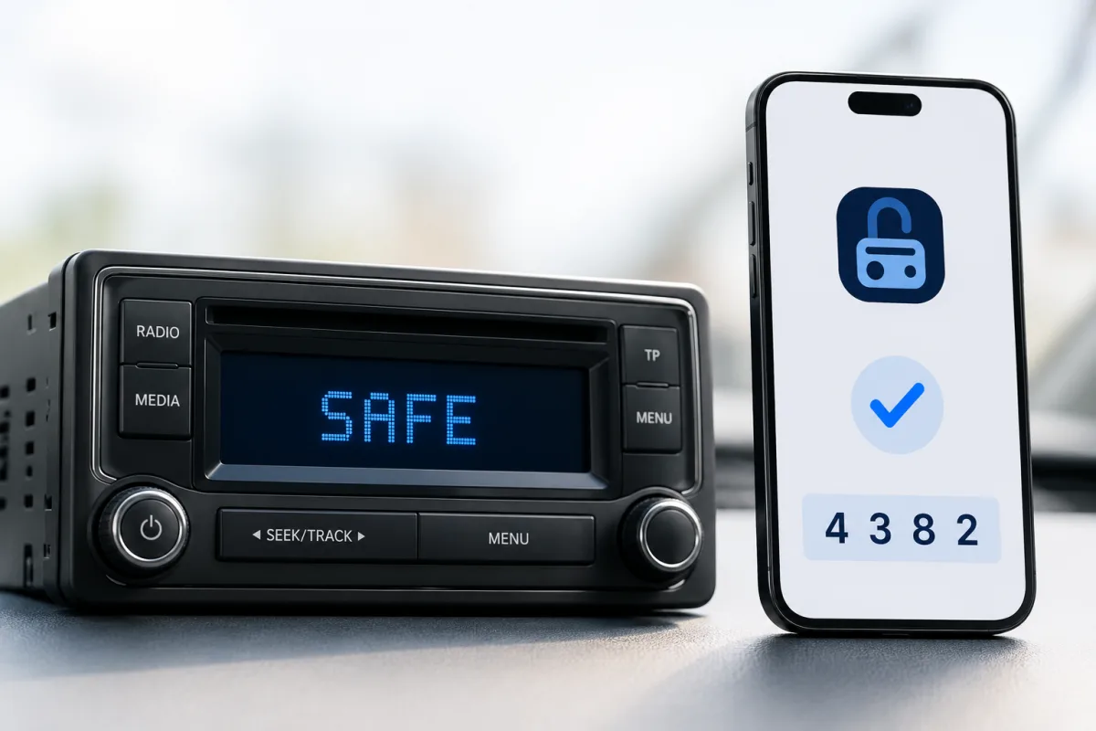 Auto radio ar atbloķēšanas kodu, kas redzams telefonā
